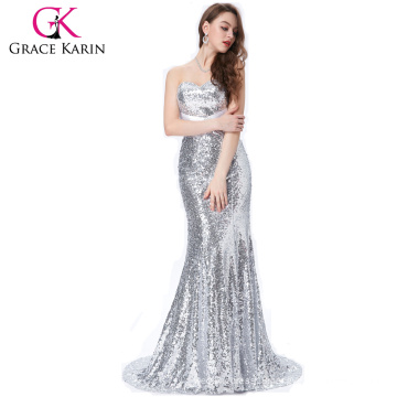 Grace Karin Strapless Sweetheart Neckline Long Mermaid Women's Special Occasion Sexy Silver Prom Dresses CL4409-4